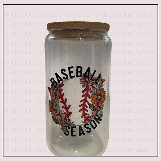 Baseball Season Floral Glass Libby UV DTF 16 oz